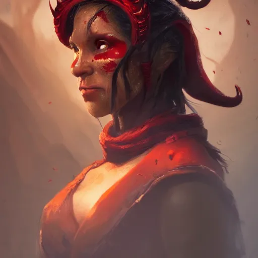 Prompt: masterpiece closeup portrait of a female tiefling with red skin, wearing adventuring gear, by Greg Rutkowski, 4k, masterpiece, cinematic, dungeons and dragons, detailed
