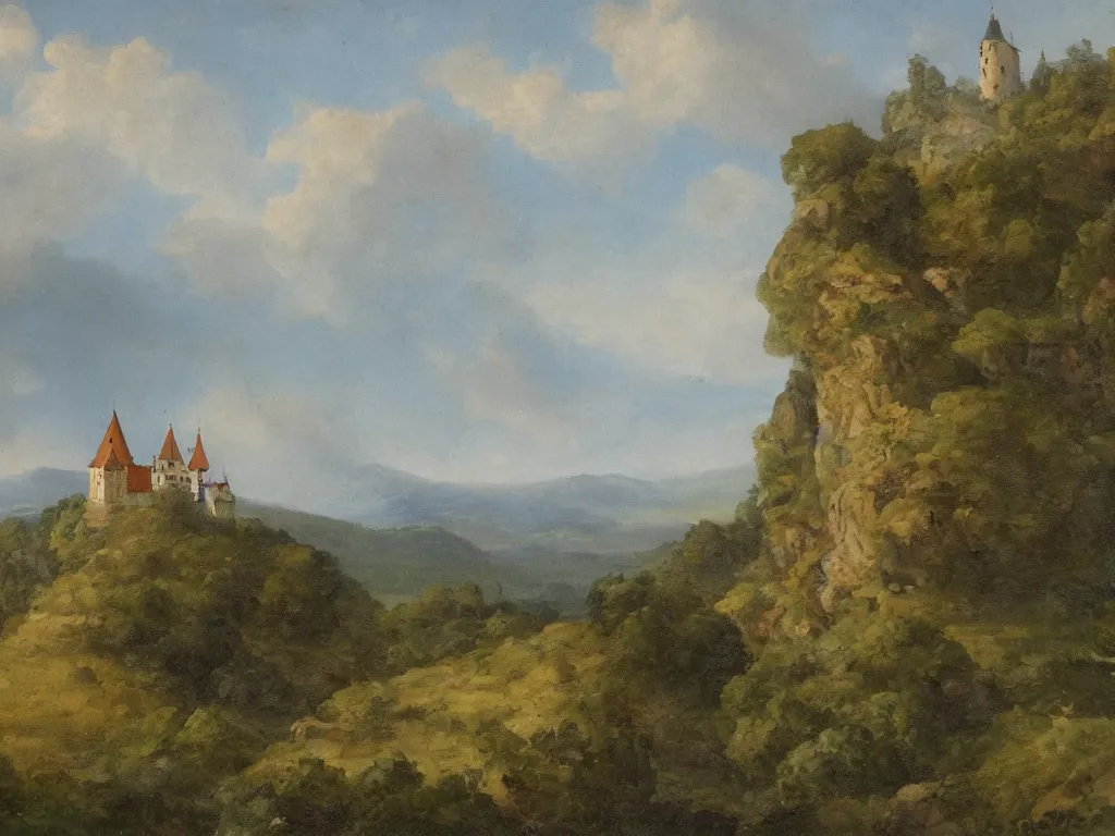 Image similar to a landscape painting of a german castle on the cliff