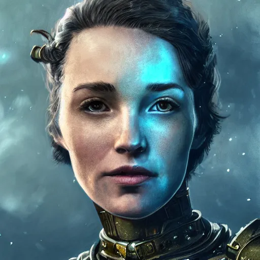 Image similar to unknown fallout 5 female character portrait, partially clothed in highly detailed metal armour, atmospheric lighting, painted, intricate, mist, cold, volumetric lighting, beautiful, blue moon light, golden ratio, sharp focus, ultra detailed, by leesha hannigan, ross tran, thierry doizon, kai carpenter, ignacio fernandez rios