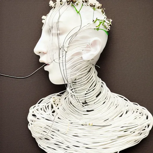 Prompt: a futuristic portrait by mask made of wires and white gauzes and plastic flowers, necklace made by gauzes twisted around neck, design by leonardo davinci, inspired by egon schiele, balenciaga, modern art, baroque art jewelry, new classic, fashion design, photorealistic, hyper realistic, cinematic composition, cinematic lighting, fashion design, concept art, 8 k