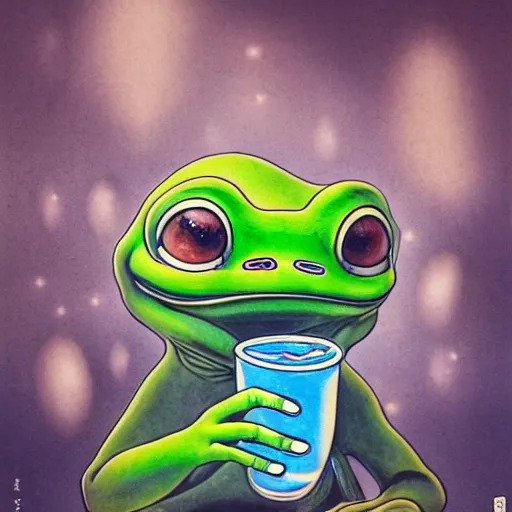 Image similar to plasticine wet shiny angle, crystal, moonlit, mirrors, camera angled dramatically, realistic, a hyperdetailed design of pepe the frog drinking coffee, wearing blue shirt, ferocious, chinese mythology, victo nga, fumo yoshitoshi, ren jing jeong, feifei ruan, peter mohrbacher, takato yamamoto