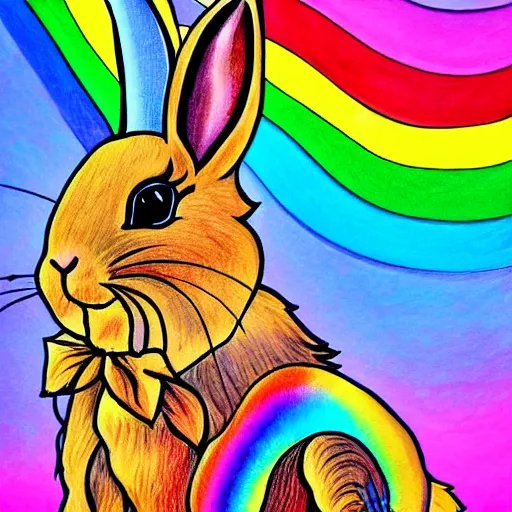 Image similar to portrait friendly cute happy stylish realistic rainbow rabbit. background in the style of art nouveau. lively. colorful. hd.