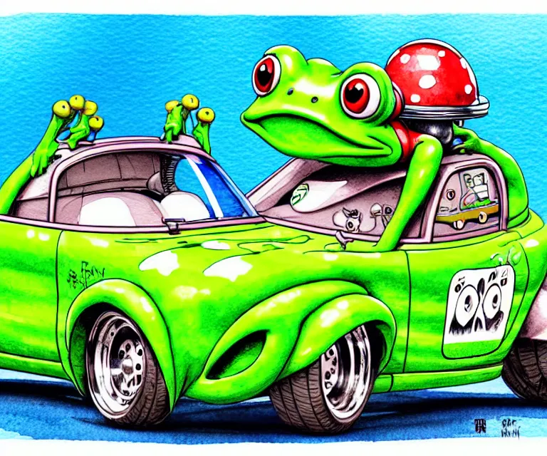 Image similar to cute and funny, frog wearing a helmet riding in a tiny hot rod with exhaust pipes, ratfink style by ed roth, centered award winning watercolor pen illustration, isometric illustration by chihiro iwasaki, edited by range murata, tiny details by artgerm and watercolor girl, symmetrically isometrically centered, focused