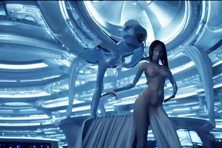 Image similar to vfx movie scene closeup portrait of beautiful blue skin skimpy alien woman dancing in sleek futuristic decadent spaceship pillars, futuristic ballroom. giant windows view of earth obit. by emmanuel lubezki