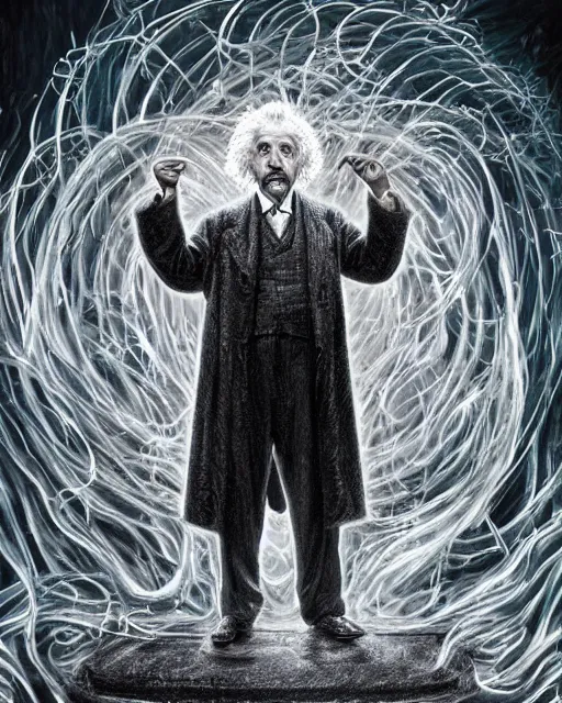 Prompt: a highly detailed portrait of Einstein as a devious male magician radiating a powerful energy aura, ornate back tuxedo, wispy tendrils of smoke, swirling vortex of energy, performance art, intricate, digital painting, old english, raining, sepia, particles floating, whimsical background by marc simonetti, art by artgerm and greg rutkowski and alphonse mucha