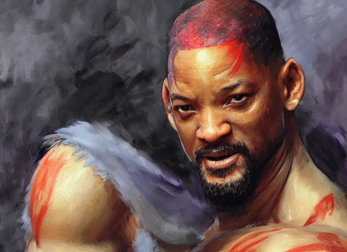 Image similar to a highly detailed beautiful portrait of will smith as kratos, by gregory manchess, james gurney, james jean