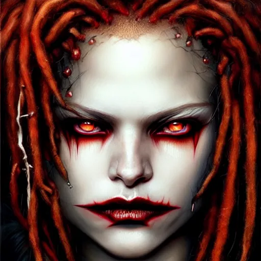 Prompt: portrait of flawless beautiful psychopathic female with blonde and red dreadlocks, dark, piercing eyes, exotic expression, esoteric clothing, photorealistic, highly detailed, mysterious lighting, artstation, smooth, sharp focus, art by michael whelan, artgerm, greg rutkowski and luis royo
