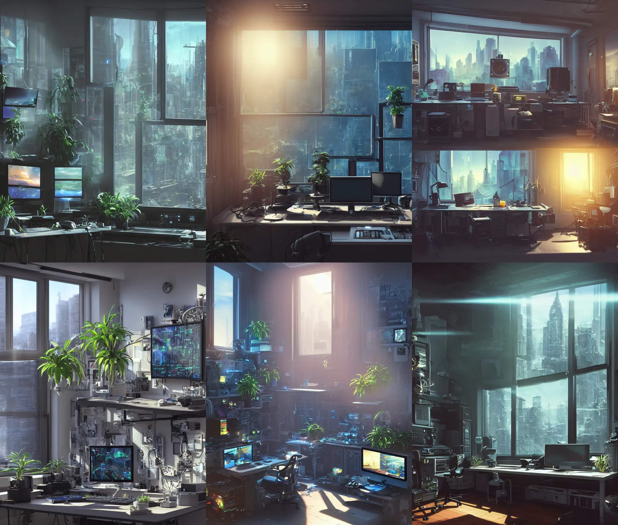 Image similar to detailed scifi artstation scene of a complex computer workstation in a small studio apartment room, single potted plant, many monitors, many electronics, a window view of the city, maximalism, volumetric light, sunny amber morning light, sun beam, atmospheric haze, unreal engine, hyperrealism, realistic shading, blender render, photorealistic, wide shot