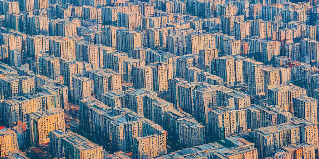 Image similar to bird's eye view photograph of a low income highrise geometric Russian city, apartments, train station, avenues. Square with a statue of leader