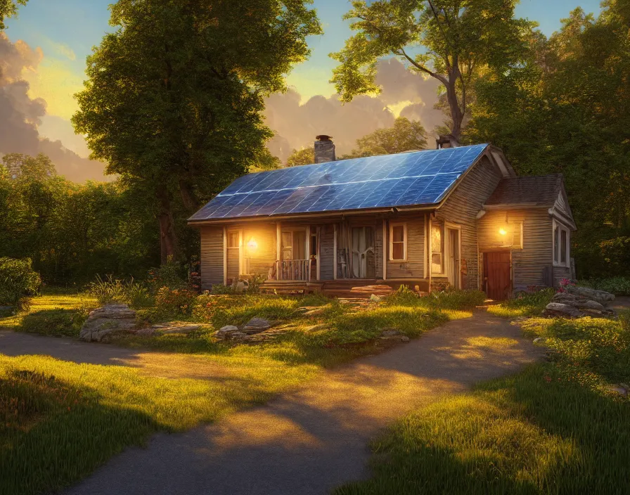 Prompt: idyllic cottage, 1950s, by Asher Durand. solar power, intricate artwork, octane render, cinematic, hyper realism, golden hour, octane render, 8k, depth of field, bokeh. iridescent accents. vibrant.