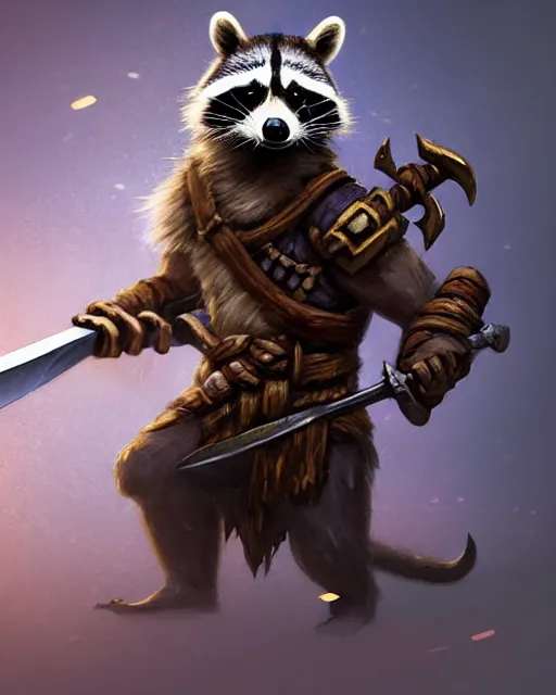 Image similar to closeup 2 8 mm anthropomorphic barbarian raccoon with a sword in a castle, d & d, fantasy, intricate, action pose, particle effects, highly detailed, digital painting, artstation, concept art, matte, sharp focus, volumetric lighting, illustration, hearthstone, art by artgerm, wlop, greg rutkowski and alphonse mucha