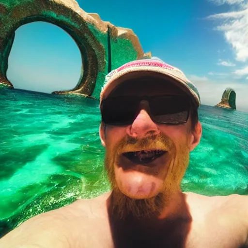 Prompt: selfi stick photography of an annoying tourist visiting atlantis during the catastrophic tilad wave, highly detailed, photorealistic