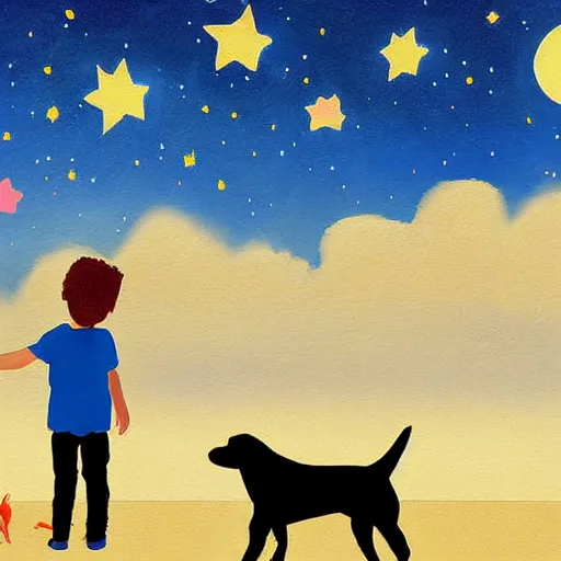 Image similar to a kid and a dog staring at the stars, digital art