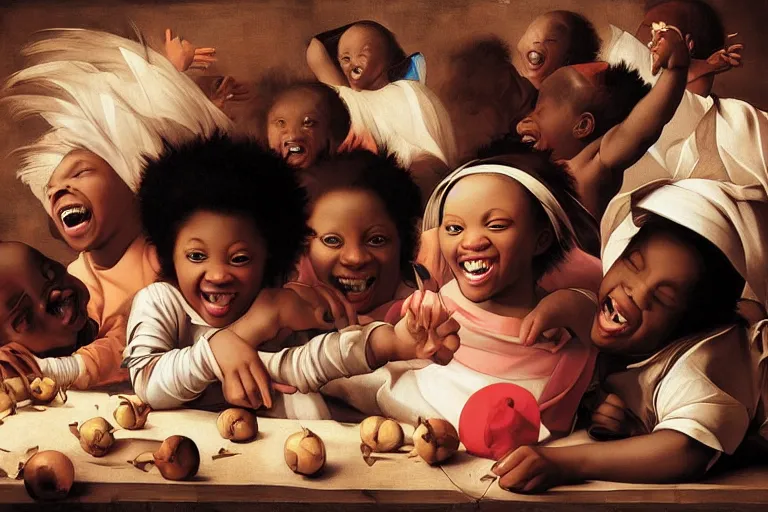 Image similar to carefree black children playing smiling and laughing surrounded, digital renaissance painting by artgerm by caravaggio and face by wlop