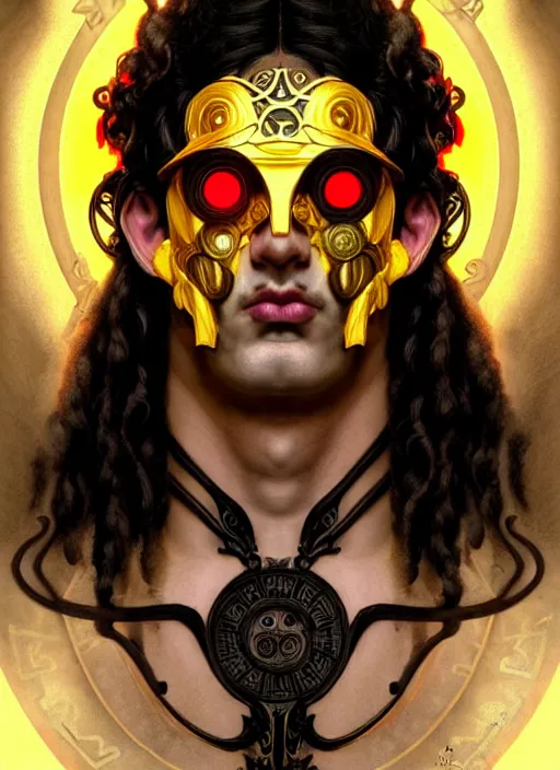 Image similar to portrait of greek god ares, black curly hair, glowing eyes, volumetric lights, face tattoo, yellow red scheme, art nouveau botanicals, gothic, intricate, highly detailed, digital painting, artstation, concept art, smooth, sharp focus, symmetric face, illustration, steampunk, art by artgerm and greg rutkowski and alphonse mucha