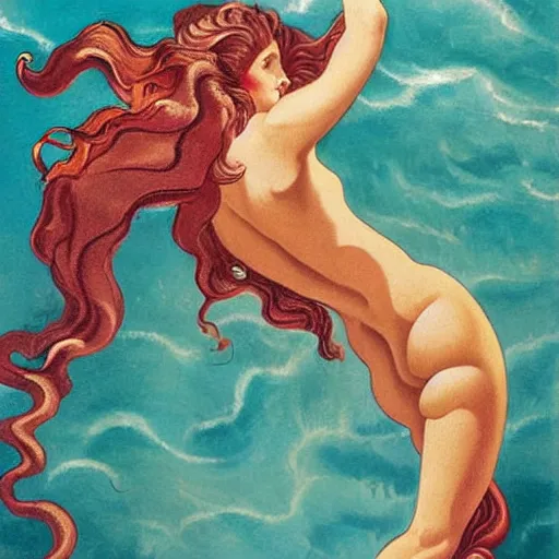 Prompt: The painting depicts the moment when the goddess Venus is born from the sea. She is shown standing on a giant clam shell, with her long, flowing hair blowing in the wind. The painting is full of light and color, and Venus looks like she is about to step into a beautiful, bright future. outrun, copper verdigris by Max Dupain, by Bruce Timm 3d render