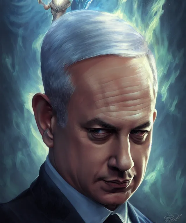 Image similar to Benjamin Netanyahu as a fantasy magic man portrait, sci-fi, amber eyes, face, fantasy, intricate, elegant, highly detailed, digital painting, artstation, concept art, smooth, sharp focus, illustration, art by artgerm and greg rutkowski and alphonse mucha