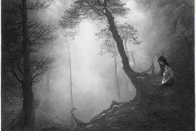 Image similar to black and white, young french woman illuminated by a beam of light through detailed clouds, forest in background, Gustave Dore lithography