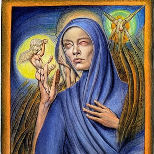 Prompt: most beautiful stabat mater, silk brethren, azure milieu of desert of reality, in the style of william blake, terese nielsen, detailed, intricate, beautiful faces, steve argyle, pastoral fantastic reality