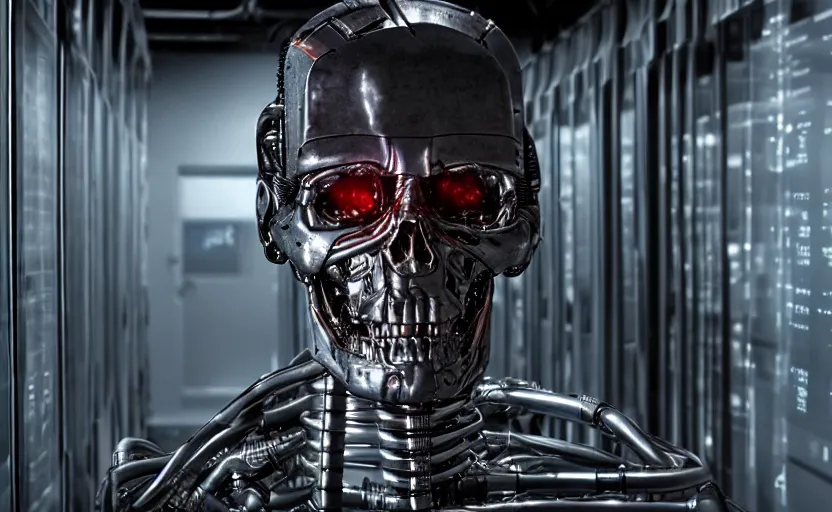 Image similar to terminator without flesh, staying in front of data center room. extreme long shot, high detail, cinematic colors