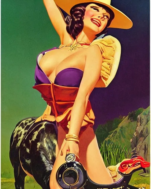 Image similar to Ril Mayer wearing purple green snakeskin cowhide motif and oversized cowboy hat promotes bottled bull run stimulant tonic SNAKE OIL, art by gil Elvgren and Ilya kuvshinov