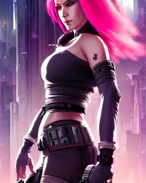 Prompt: a close up portrait of a beautiful single cyberpunk female assassin with pink hair running weapon on a ready determined face overlooking a cyberpunk city in the background, full face portrait composition, 2D drawing by Mike Mignola, Robbie Trevino, ellen jewett, Yoji Shinkawa , face by Artgerm, Ross Tran and WLOP