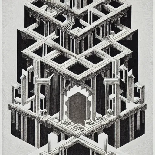 Prompt: crystal castle video game, lithography, by Maurits Escher