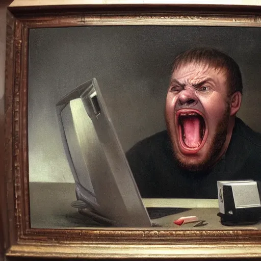 Image similar to an angry man screams at his computer monitor, oil on canvas, 1 8 8 3, highly detailed