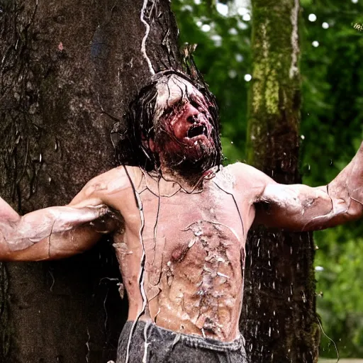 Prompt: The performance art shows a man caught in a storm, buffeted by wind and rain. He clings to a tree for support, but the tree is bent nearly double by the force of the storm. The man's clothing is soaked through and his hair is plastered to his head. His face is contorted with fear and effort. bismuth, deep blue by John Kenn Mortensen fantastic