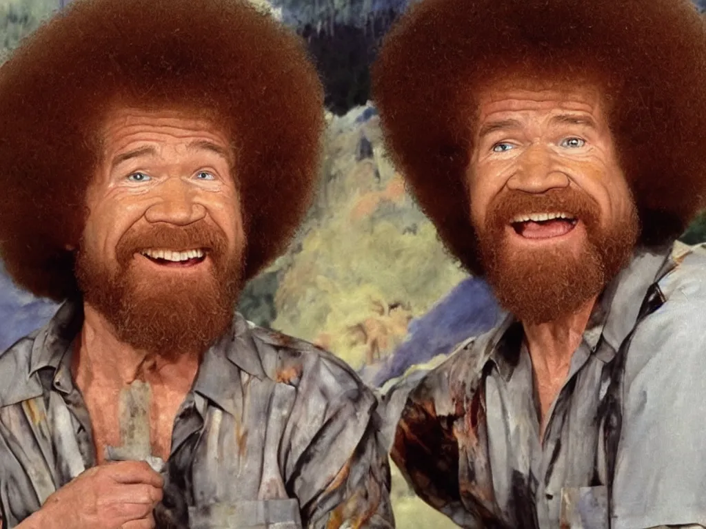 Prompt: bob ross crying with bob ross painting as a backdrop