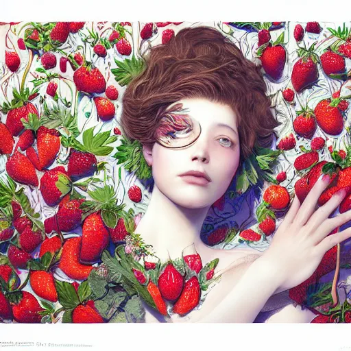 Image similar to the portrait of an absurdly beautiful, graceful, elegant, sophisticated, innocent woman made of strawberries and green petals looking up, an ultrafine hyperdetailed illustration by kim jung gi, irakli nadar, intricate linework, bright colors, octopath traveler, final fantasy, unreal engine 5 highly rendered, global illumination, radiant light, detailed and intricate environment