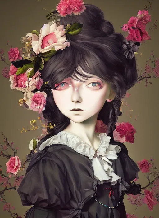 Image similar to Lowbrow pop surrealist Gothic Lolita digital art, painted by Julia Heffernan, Élisabeth Louise Vigée Le Brun, Studio Ghibli, realistic hair, artstation trend, high quality printing, fine art with subtle redshift rendering