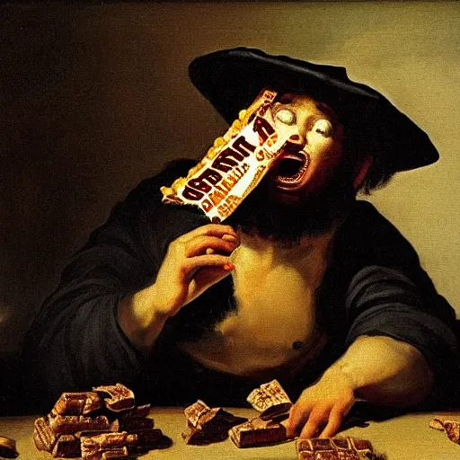 Prompt: saturn devouring a snickers bar, goya painting, in the style of goya, in the style of black paintings, highly realistic