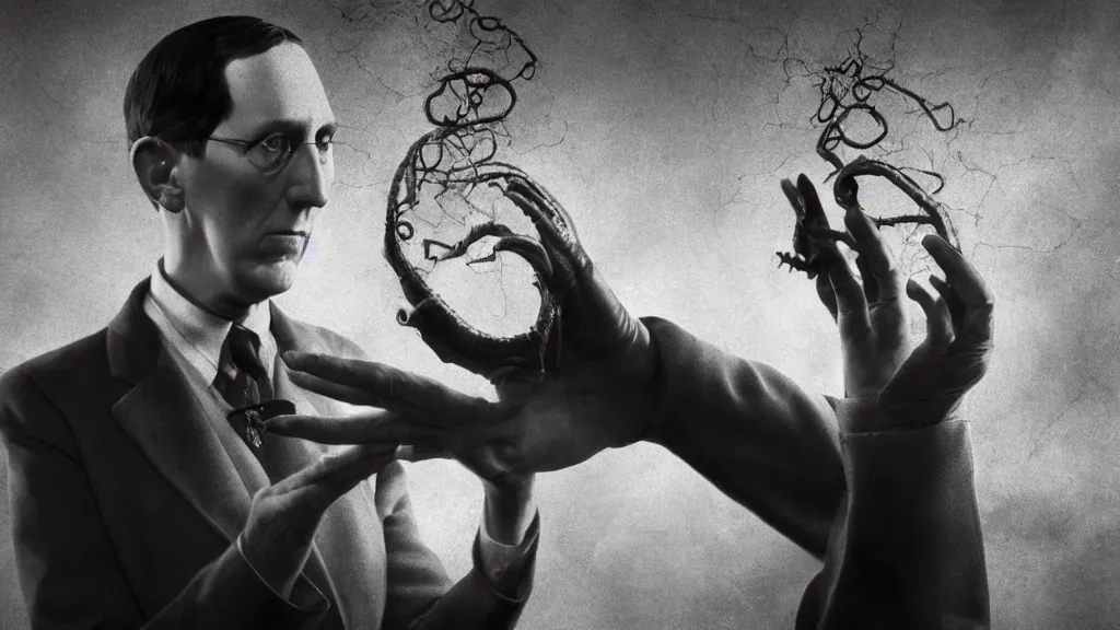 Image similar to Howard Phillips Lovecraft with eldritch being in her hands, 8K, concept art, filmic, HDR, hyperrealism, volumetric lighting