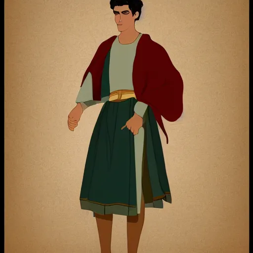 Image similar to digital painting of a handsome Mediterranean 17 year old man in ancient Biblical clothes, 1950s illustration style