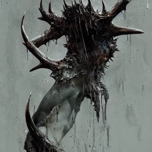 Image similar to mutant fishman from the ocean antler fish by emil melmoth zdzislaw beksinki craig mullins yoji shinkawa realistic render ominous detailed photo atmospheric by jeremy mann francis bacon and agnes cecile ink drips paint smears digital glitches glitchart