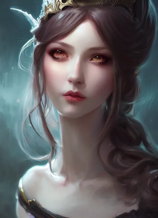 Prompt: dark fantasy magical princess, pale, brunette, headshot portrait, wide angle view, highly detailed, qichao wang, artgerm, cushart krenz, zeronis, trending on artstation, soft light, sharp edges, illustration, character design, concept art