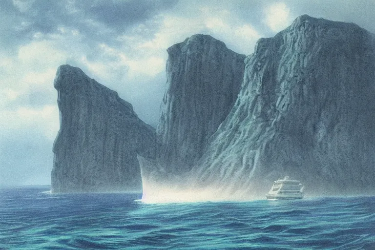 Image similar to photorealistic blue - toned photo of a cruise ship sailing near a tropical skull - shaped cliff, dark, brooding, atmospheric, lovecraft, horror, smooth, epic, highly detailed, cinematic, by clyde caldwell