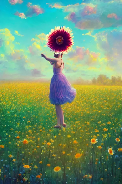 Image similar to giant daisy flower as head, girl dancing in a flower field, surreal photography, sunrise, dramatic light, impressionist painting, colorful clouds, digital painting, artstation, simon stalenhag