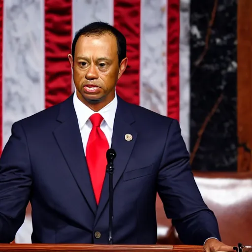 Image similar to tiger woods giving the state of the union address as president of the united states of america. ultra realistic. 4 k.