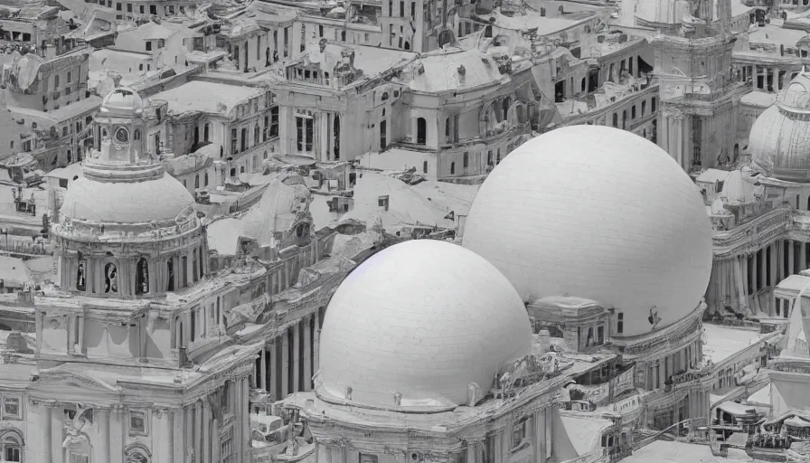 Prompt: 1 9 7 0 s movie still! dream a gigantic neoclassical spherical building with an esoteric pyramid dome, by etienne - louis boullee, leica sl 2 5 0 mm, heavy grain, high quality, high detailed