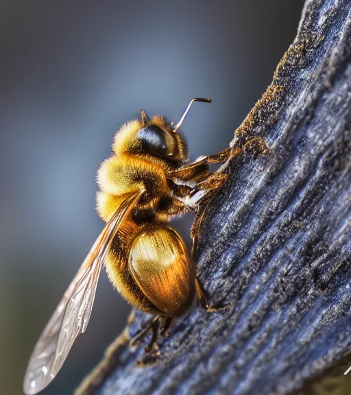 Image similar to super macro photo of a golden bee on a flower in a forest. dof. bokeh. magical atmosphere. art by greg rutkowski. lifelike. very detailed 8 k. intricate. soft light. nikon d 8 5 0.