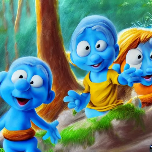 Image similar to a beautiful rendition of the smurfs, digital painting, oil on canvas