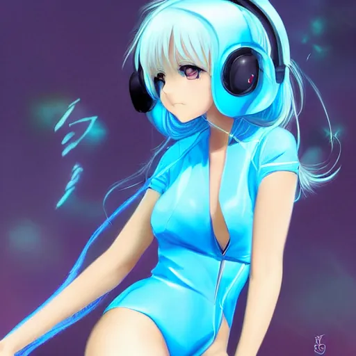 Image similar to full body shot : a very beautiful young blond anime girl with bunny headphones, sky blue eyes,, bikini, miniskirt, highly detailed, cinematic wallpaper by stanley artgerm lau