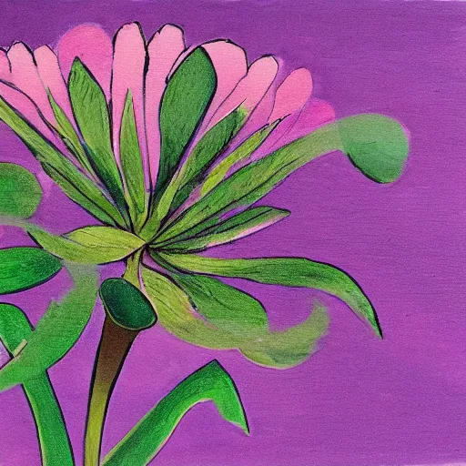 Image similar to A painting of a flower, with petals in shades of pink and purple, and a green stem, in a delicate and detailed style.