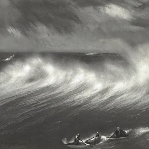 Prompt: by edwin austin abbey, by max dupain jaunty. the digital art of a huge wave about to crash down on three small boats. the boats are filled with people, & they all look terrified.