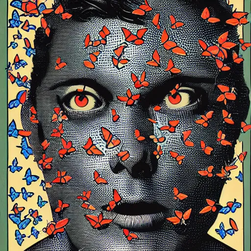 Prompt: a guy, face covered in butterflies, small details, by virgil finlay, by kilian eng,