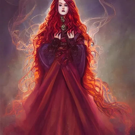 Prompt: Fantastic, fairytale, portrait, painting, beautiful!, female mage!, long flowing red hair, flames emitting from fingertips, ornate gown, smoldering, serious, royalty kingdom, royal court, hyperreal, photoreal painting, dungeons and dragons