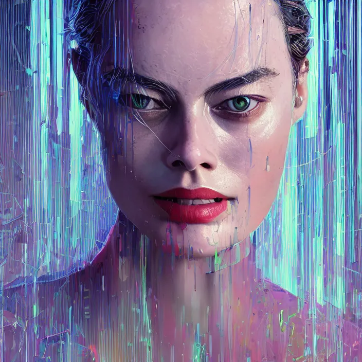 Image similar to portrait of Margot Robbie in The Matrix. intricate abstract. intricate artwork. by Tooth Wu, wlop, beeple, dan mumford. octane render, trending on artstation, greg rutkowski very coherent symmetrical artwork. cinematic, hyper realism, high detail, octane render, 8k, iridescent accents