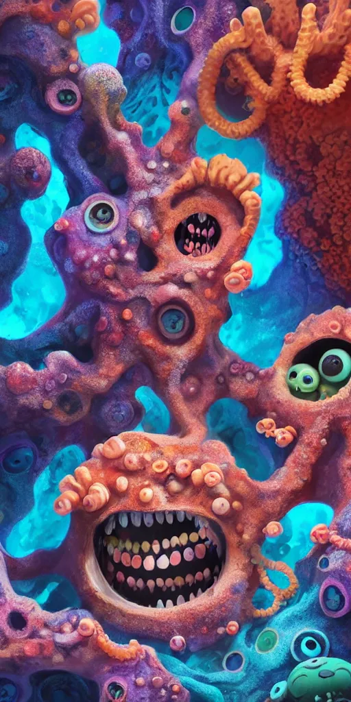 Image similar to of a colorful deep sea cave with strange cute friendly happy creatures with huge eyes, mouth, long tongue and round teeth appearing from sandy coral, in the style of gehry and gaudi, macro lens, shallow depth of field, ultra detailed, digital painting, trending artstation, concept art, illustration, cinematic lighting, photorealism, epic, octane render